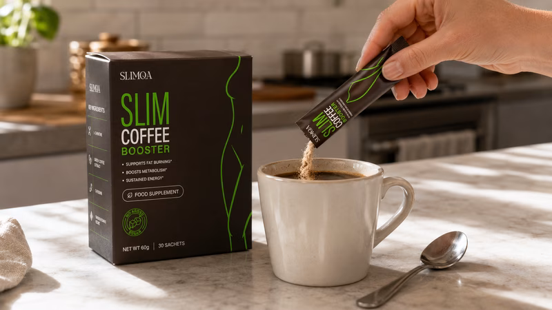 Dichtbij-opname van de moderne Slimqa Slim Coffee Booster verpakking op een houten tafel.