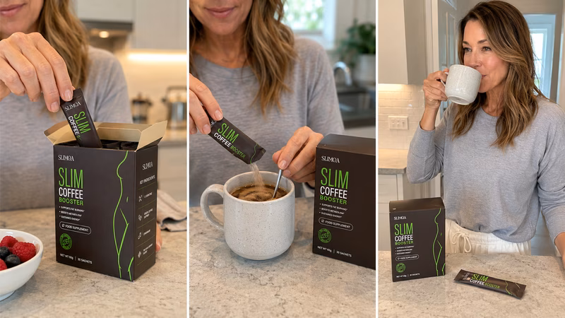 Smilende kvinne som holder en Slimqa Slim Coffee Booster-porsjonspose og et glass vann.
